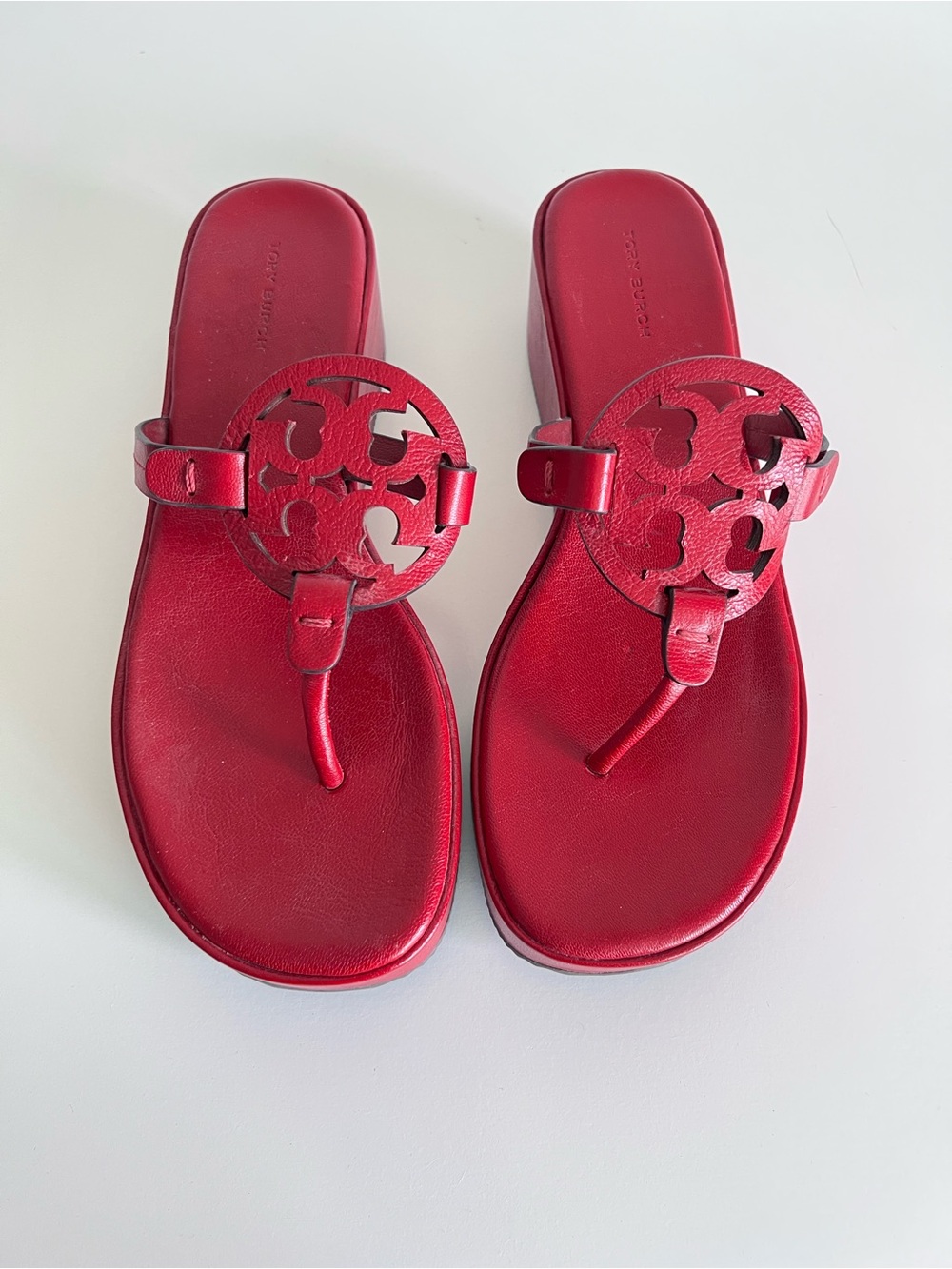Tory Burch Miller Platform Wedge Sandals Leather Red 8.5